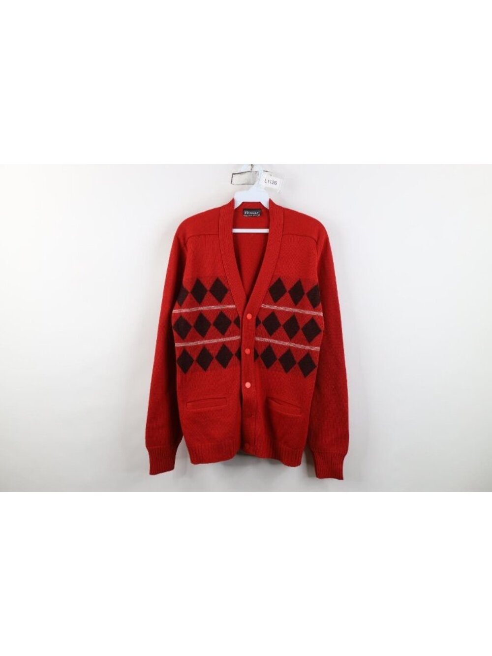 Vintage 70s Cardigan Sweater Mens Size M Red Diamond Argyle Wool Blend Knit